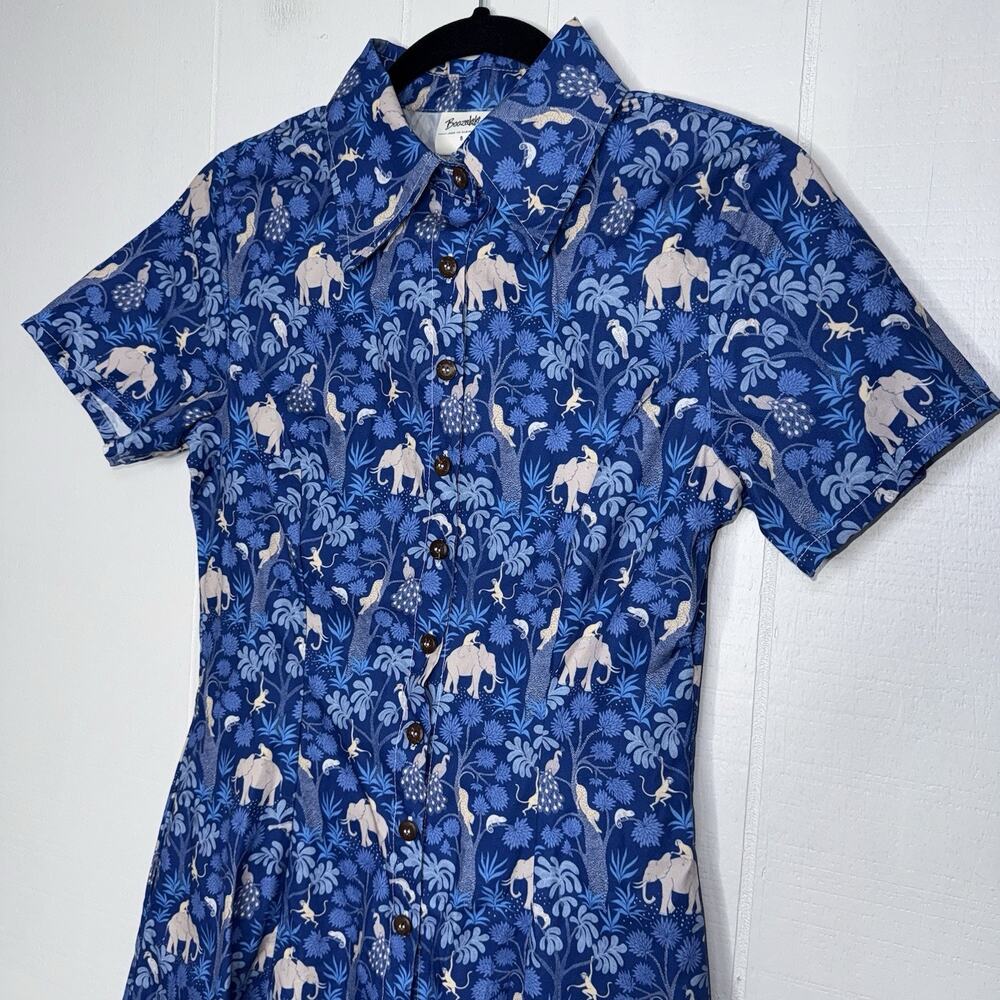 Boozelele Women’s Cotton Shirt Dress Elephant Jungle Print Blue Size Small - Picture 3 of 5